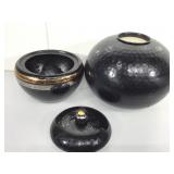 Decor. Lidded ceramic pot and metal candle