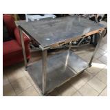 Metal rolling kitchen cart, approx 4 ft long