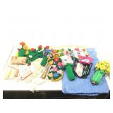 Vintage crochet items and crafting tools.