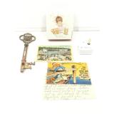 Vintage thermometer, postcards and more.