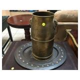 Metal brass jug w/metal decorative plate,