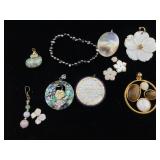 Assorted costume jewelry with pearls, abalone