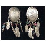 Sterling big feather earrings with tourmalines,