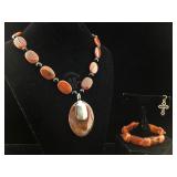 Sterling orange stone necklace, bracelet and