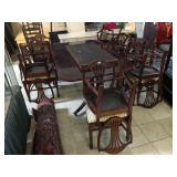 Vintage wood dining table w/extra leaves and 12