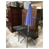Pair of metal patio tables, one with umbrella