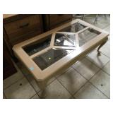 Wood coffee table w/glass top, approx 4 ft long