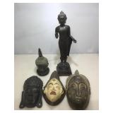 Wood masks and metal figures.