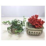 Pair of asian style pottery with red coral piece.