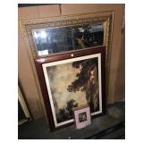 Assorted framed prints and mirror