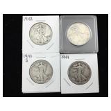 4-Silver half Dollars Walking libertys