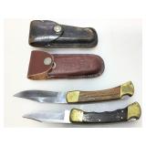 Pair of folding knives with belt clip sheath.