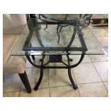 Glass top side table, approx 3 ft long