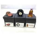Assorted Art form trinket boxes. 8 ball,