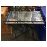 Metal side table w/mirror top, approx 3 ft long