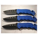 3 New Blue pocket knives, approx 8 inches long