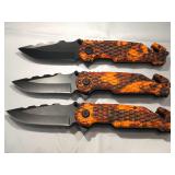 3 New Orange Pocket knives, approx 8 inches long