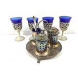 Cobalt Glasses and Serving Cruet with 2 Sterling