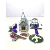 Assorted stained glass. Shade, lamp and more.
