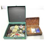 Trinket box with vintage pins, coins, trinkets,