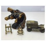 Metal coin bank, horsehead figure and more.