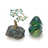 Gemstone tree and glass paperweight.