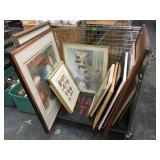 Cart of assorted framed prints and more, approx