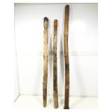 Three carved Wooden Sticks. Rain Stick, Walking