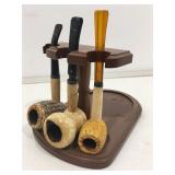 3 Corn cob pipes w/wood stand