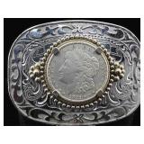 Silver Morgan Dollar in belt buckle