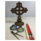 Roseville candle holders and more.