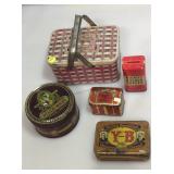 Assorted vintage tin cigar boxes and more.