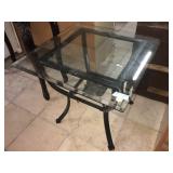 Glass top side table, approx 2 ft long