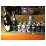 Harley-Davidson Beer cans Dom Perignon bottles.