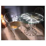 Patio metal table w/glass top and 2 chairs