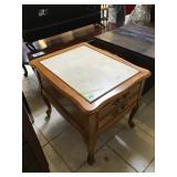 Wood side table w/stone top, approx 2 ft long