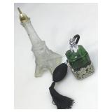 Glass perfume bottle. Green glass with atomizer.