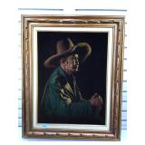Painting on velvet of Man in hat. signed in