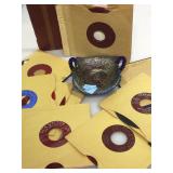 Carnival glass basket and record collection