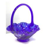 Blue Fenton basket. Painted and signed.