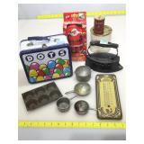 Vintage tins, Sad iron, lunch box and more.
