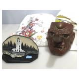 Signed wood lighthouse with asian mask and more.
