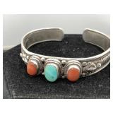 .925 Silver, Coral & Turquoise Cuff Bracelet