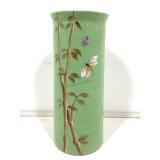 Fenton Signed Hand Painted Green Glass 11in Vase