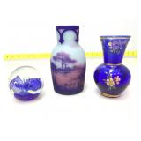 Blue glass vase, flower paperweight and Degue