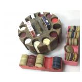 Vintage poker chips and wooden caddy with decks