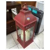 Red metal lantern, approx 2 ft tall