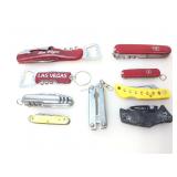 Assorted multi tool pocket knives.