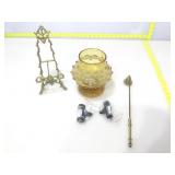 Amber glass hobnail vase with candle snuffer,