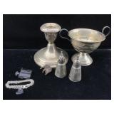 Sterling weighted candle stick, shakers and more